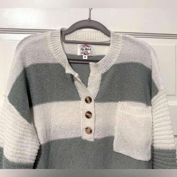 Top Notch Boutique Button Front Pullover Sweater White Sage Green Stripes Medium - Picture 3 of 8